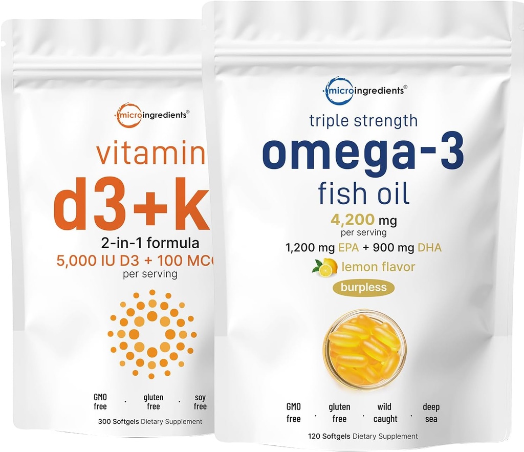 Micro Ingredientes Vitamina D3 5,000iu + K2 100mcg Softgels & Omega-3 Fish Oil 120 Softgels Bundle 2 Pack ← Esencial Sunshine Vitaminas ← Pescado salvaje, Sabor de limón, Burpless