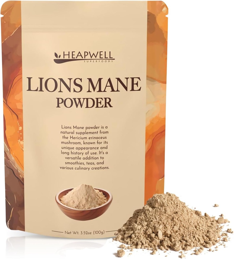 Heapwell Superfoods Lion's Mane Powder 100g – Premium Grade, High Spectrum Lion's Mane Mushroom Suplemento para el apoyo cognitivo, Immune Boost y Mental Clarity 100 Plus Servings