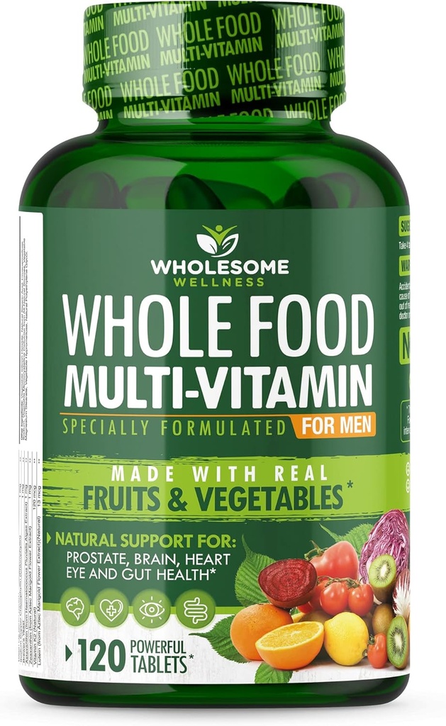 Wellness Whole Food Multivitamin for Men - Multi Vitaminas Naturales, Minerales, Extractos Orgánicos - Vegetariano Vegano - 120 Tabletas