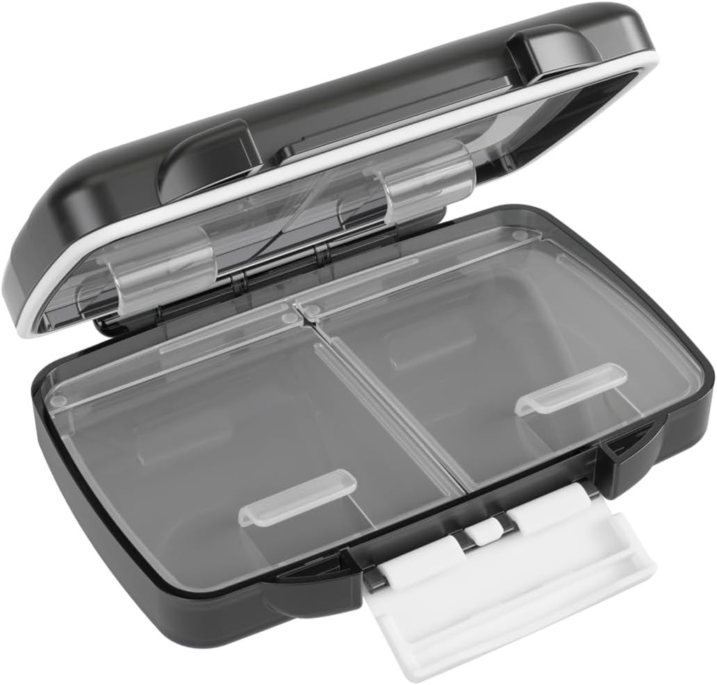 EZY DOSE Moisture-Proof Pill Case, Planner de Medicina, Caja de Organizador de Vitaminas, Travel-Friendly, Latch-Closure to Secure Contents, 4 Compartimientos Individuales de Múltiples Tamaños con sello de la vista, Pequeño, Negro