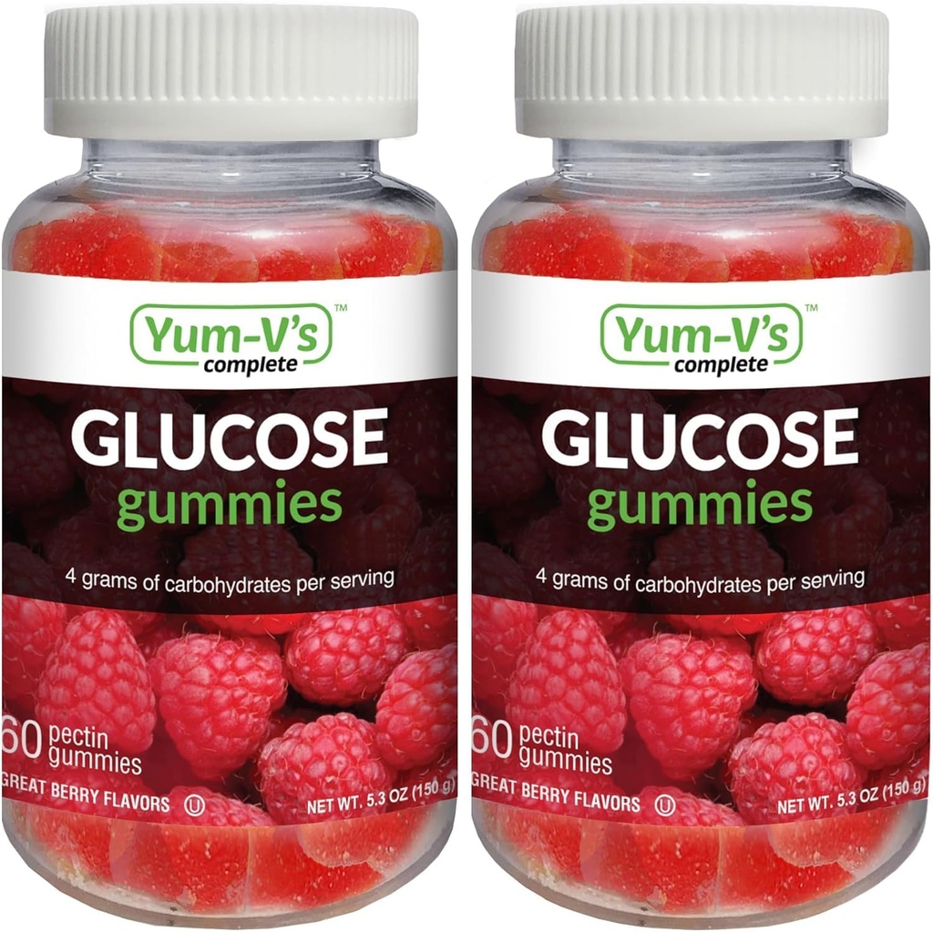 YUM-V'S Glucose Gummies – Glucose rápido Glucose Chewable Gummies – Great Tasting – Gluten Free, Vegan, Non-GMO – Berry Natural Flavor – 60 Chewable Gummy for Adults &amp; Kids (Pack of 2)