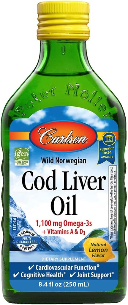 Carlson - Cod Liver Oil, 1100 mg Omega-3, Liquid Fish Oil Supplement, Wild-Caught Norwegian Arctic, Sustentably Sourced Nordic Liquid, Lemon, 250 ml