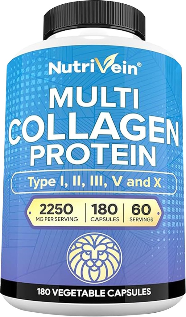 Nutrivein Premium Multi Collagen Pills 2250 mg - 180 Easy-to-Swallow Collagen Capsules: Tipo I, II, III, V, X Hidrolyzed Protein Peptides para Mujeres y Hombres - Envejecimiento, Juntas, Cabello, Esquí, Huesos, " Nails