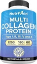 Nutrivein Premium Multi Collagen Pills 2250 mg - 180 Easy-to-Swallow Collagen Capsules: Tipo I, II, III, V, X Hidrolyzed Protein Peptides para Mujeres y Hombres - Envejecimiento, Juntas, Cabello, Esquí, Huesos, " Nails