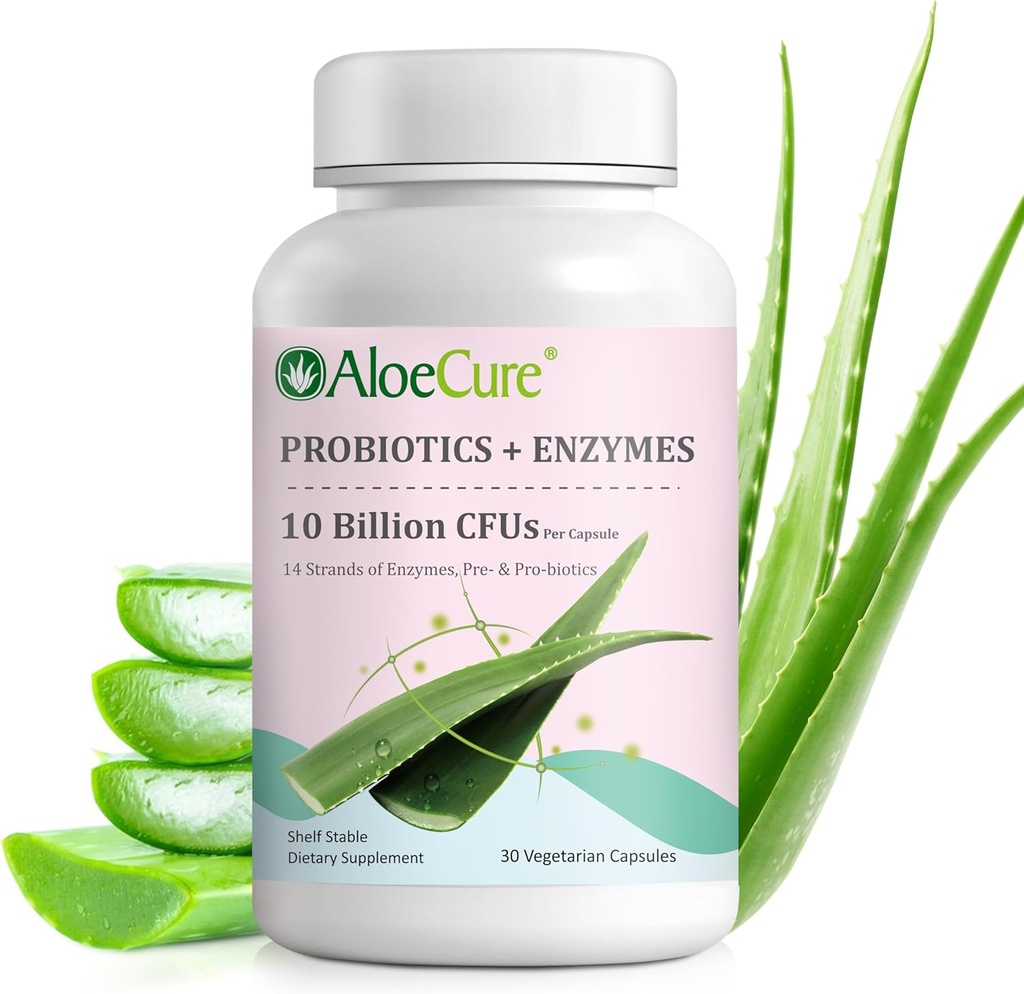 AloeCure Daily Probiotics 10 Billion CFU for Digestive Support 8 Strains, 6 Prebiotics & Enzymes - Suplemento Digestivo con Bromelain for Women &amp; Men - Gut Support, Digestive Relief, 30 Caps