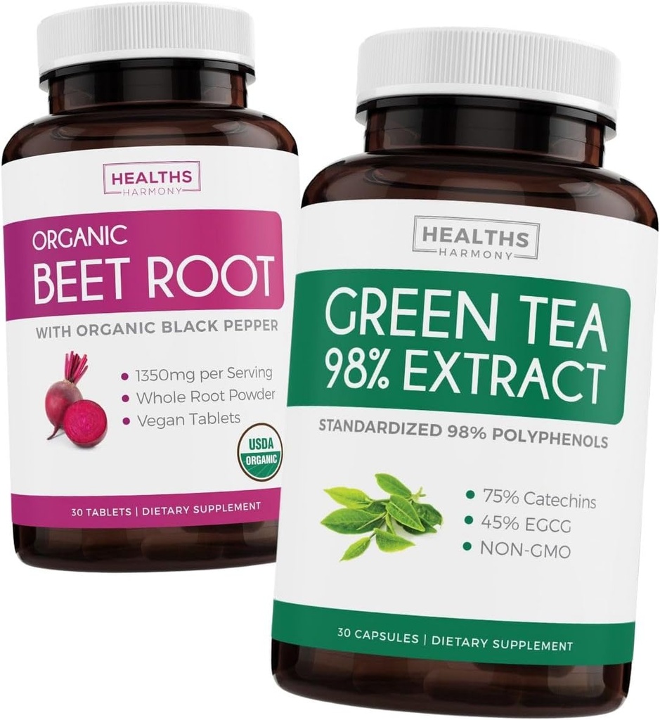 Gorra de remolacha &amp; verde Tea Extract (2-Week Supply) Beet &amp; Tea Power Mix - Orgánica de remolacha con cobre negro para absorción 1250mg (30 Tablets) & Green Tea Extract 98% con EGCG 1000mg por servicio (30 caps)