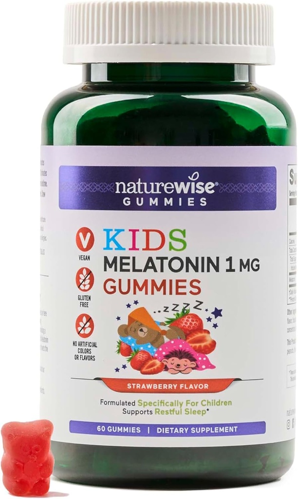 Niños de la naturaleza Melatonin Gummies 1 mg - Medicamentos libres, no-ábitos formando la ayuda al sueño para niños Edades 4 &amp; Arriba - Osos de Gummy saboreados de fresa - Vegan, Gluten Gratis, No-GMO - 60 Conde[2-Month Supply]