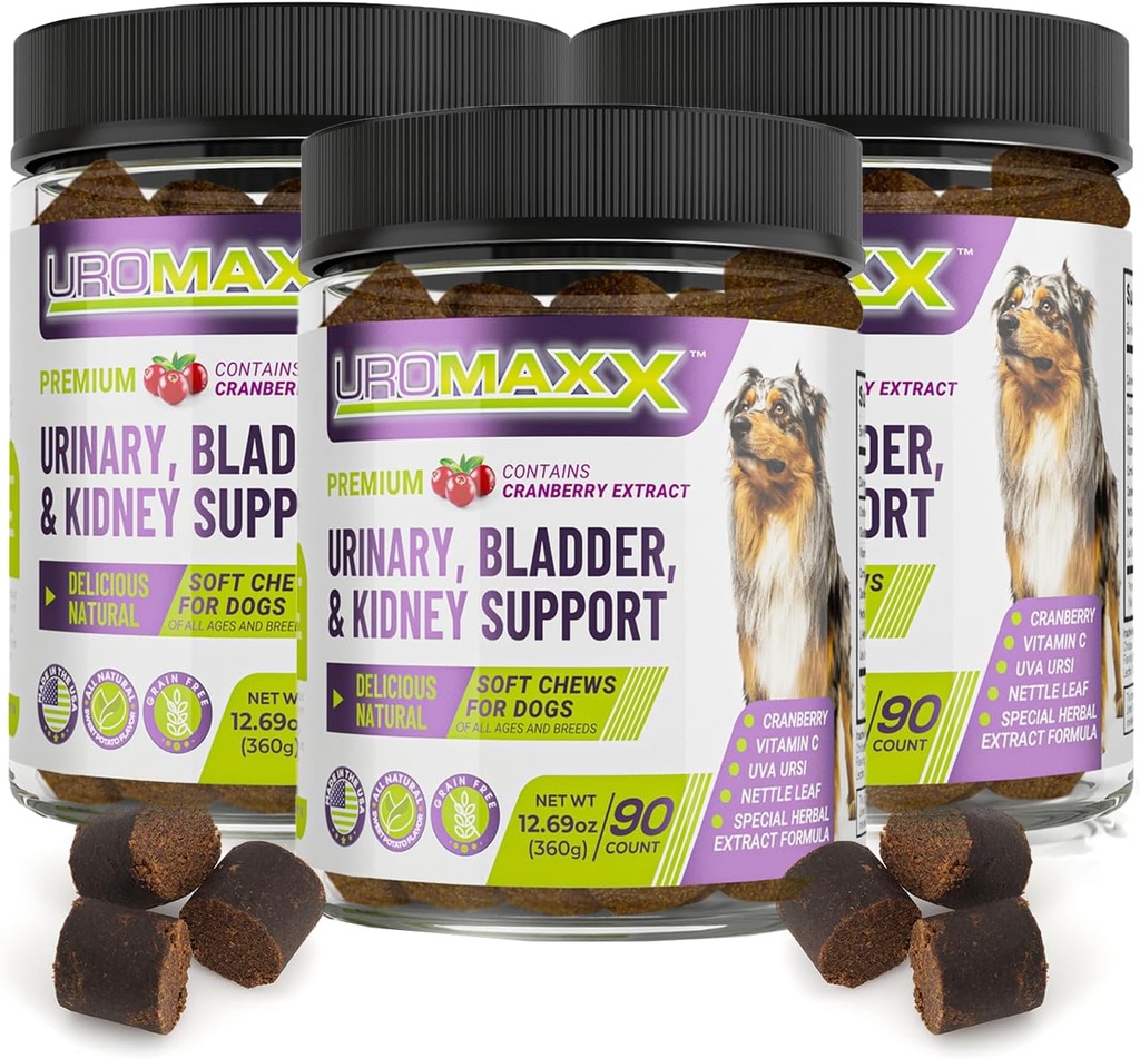 Dog Urinary Tract Infection Treatment, Bladder & Kidney Support for Dogs, Powerful Pet Care, Natural Soft Chews with Cranberry & Glucosamine, Made in The USA, Chicken Flavor, 90 Count, 3 Pack