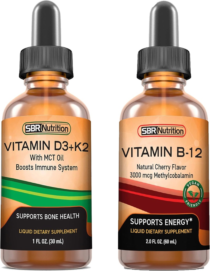 SBR Nutrition D3+K2 y B12 Bundle Vitamin D3K2 (MK7) Liquid Drops, Peppermint 1oz ← Vitamina B-12 3000mcg Liquid Drops, 2oz  durable for Adults &amp; Kids ← Non-GMO, Gluten Free