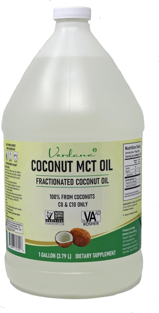Verdana Coconut MCT Oil 1 Gallon – Grado de alimentos para café Keto, Aceite Natural Desarrollado Mouthwash, Masaje, Aromaterapia – 100% de Coconut - Triglicéridos de cadena media – Non-GMO, Kosher