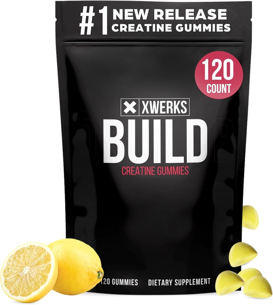 Xwerks Build Creatine Gummies para Hombres y Mujeres, 120 Cuenta, 100% Pure Creatine Monohydrate, Lemon Flavored Muscle Building Gummies 4g Por Serving, Pre Workout Anti Melting, 5000mg Total Creatine