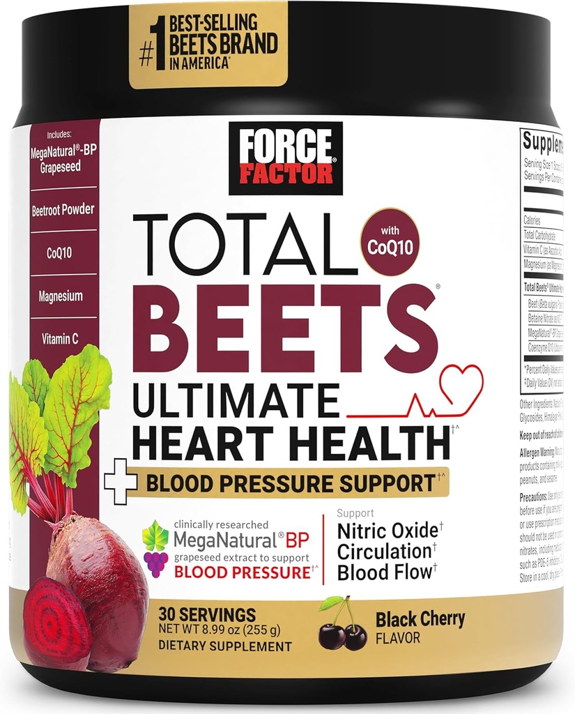 Factor de fuerza Total Beets Ultimate Heart Health Blood Pressure Support with CoQ10, Beet Root Powder, Grape Seed Extract, Blood Pressure Supplement for Circulation, Black Cherry, 30 Servings