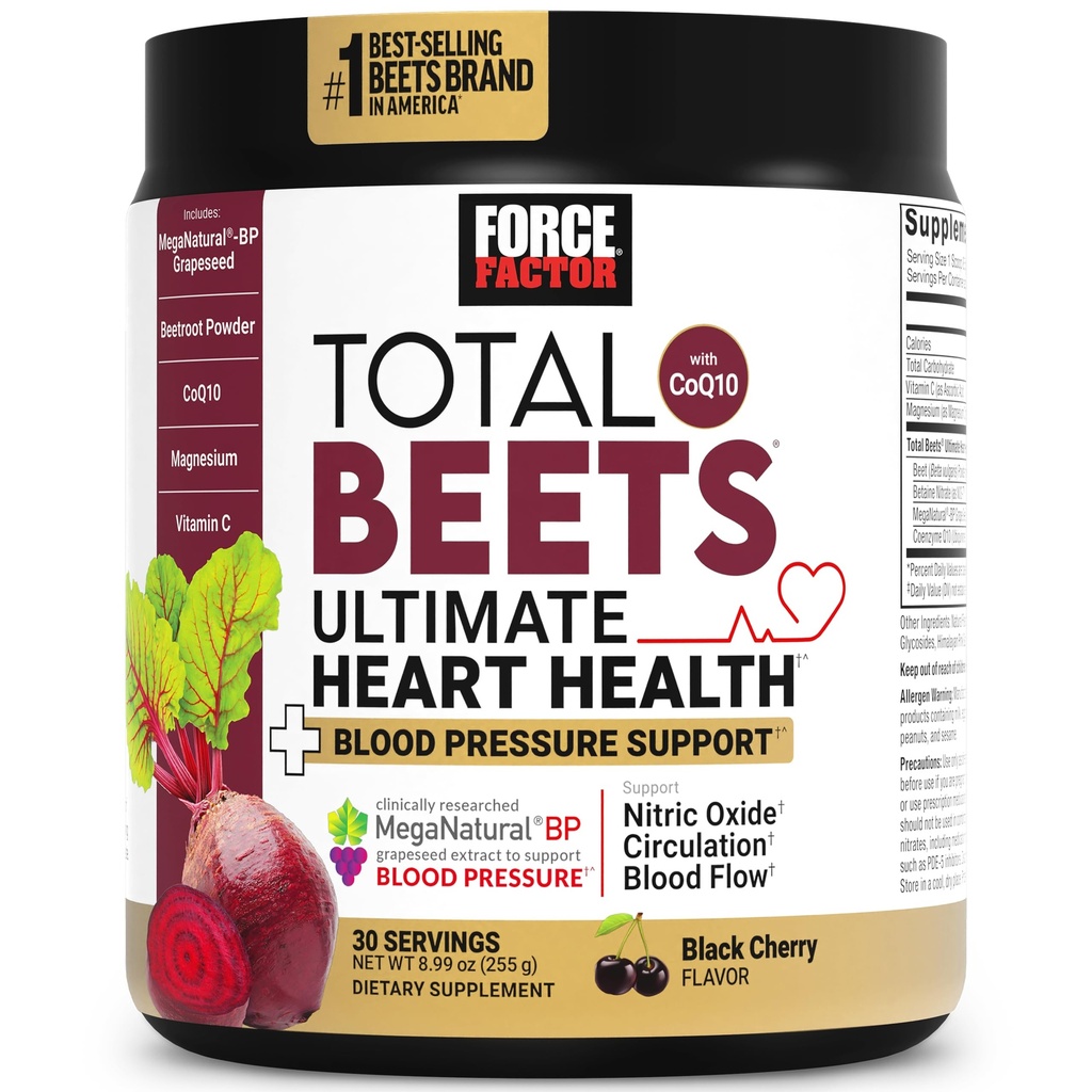 Force Factor Total Beets Ultimate Heart Health Blood Pressure Support with CoQ10, Beet Root Powder, Grape Seed Extract, Blood Pressure Supplement for Circulation, Black Cherry, 30 Servings
