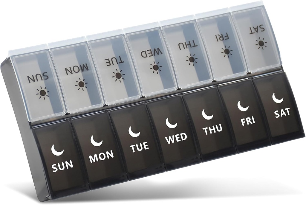 Gran organizador de píldoras 2 veces al día, caja de píldoras semanales, caja de píldoras AM PM, Contenedor de píldoras de día 7 días, dispensador de medicina de caso de vitamina dos veces al día (Negro &amp; Blanco)