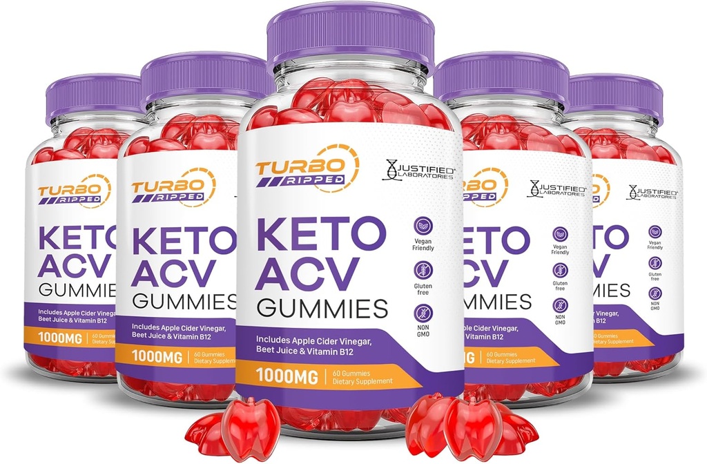 (5 Pack) Turbo Ripped Keto ACV Gummies Advanced Formula 1000MG Turbo Ripped Keto Gummies Apple Sider Vinegar Formulado con Pomegranate Beet Juice Powder B12 Vegan Non GMO 300 Gummys