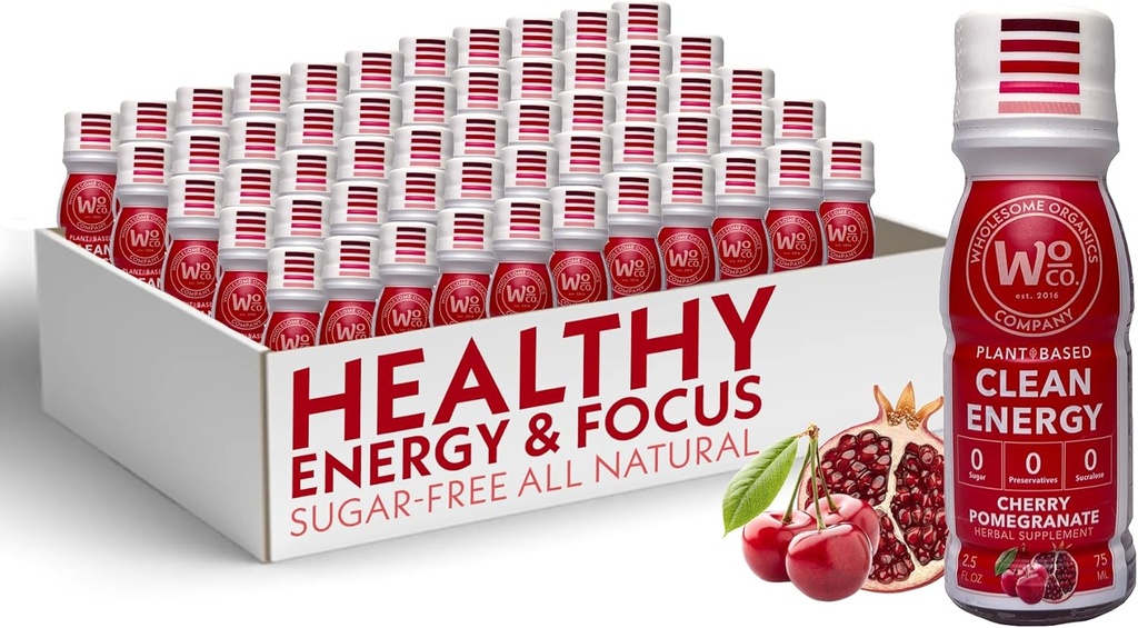 Wholesome Organics - Sugar Free Energy Shots Extra Strength Natural &amp; Healthy Energy Drinks - Plant-Based Energy Supplements w/Vitamin B12 Lion's Mane &amp; Yerba Mate - Cherry Pomegranate Flavor 48 Pack