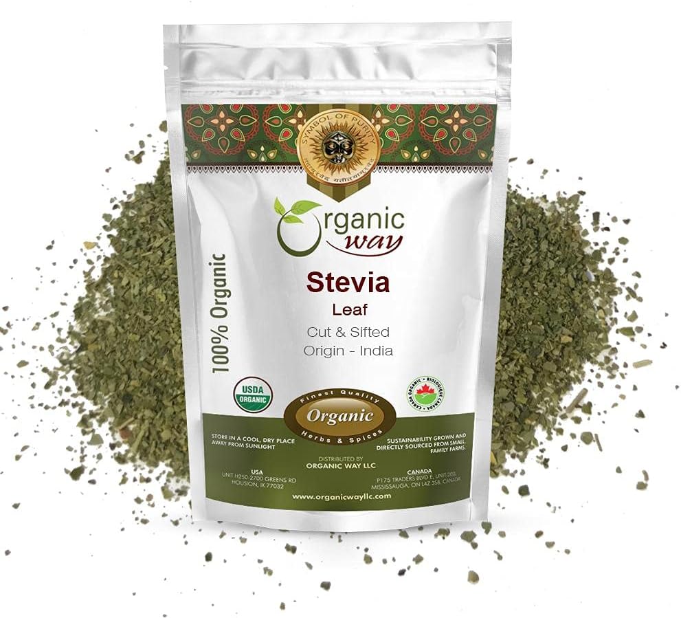 Orgánica Stevia Leaf Cut " Sifted (Stevia Rebaudiana) - Kosher " USDA Certified ← No-GMO " Gluten Free TEN Natural Sweetener TEN 100% Raw from India (1/2LBS / 8Oz)