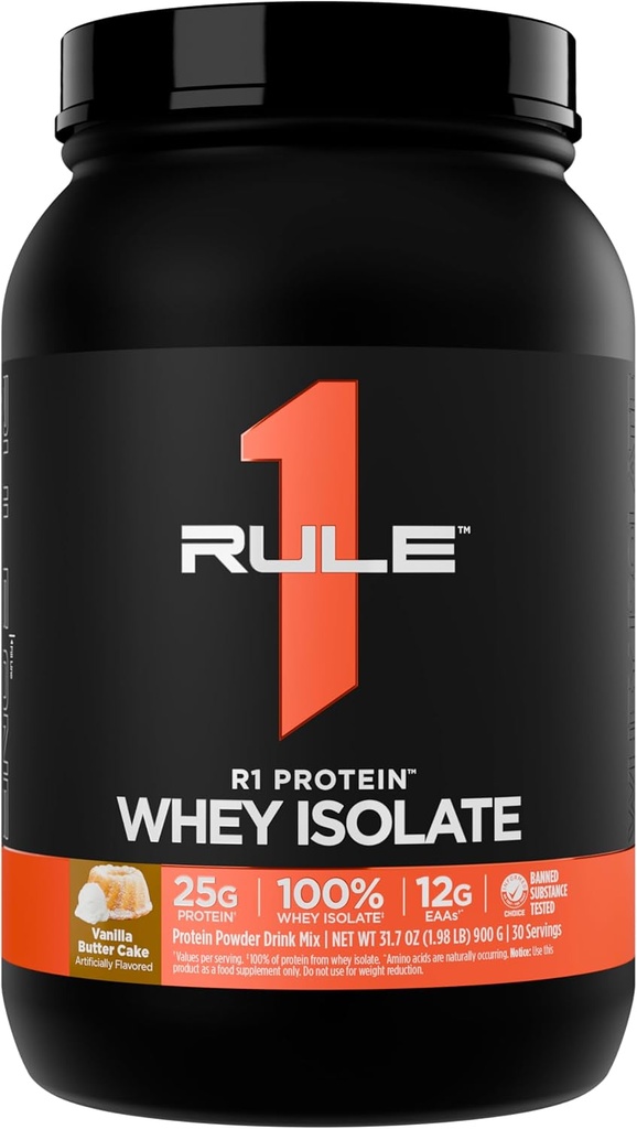 Regla 1 R1 Proteína Whey Isolate - con 25g Protein & 6g BCAA Exclusivamente de Fuentes hidrolizadas de recuperación de entrenamiento (2 libras*, Pastel de mantequilla de vainilla)