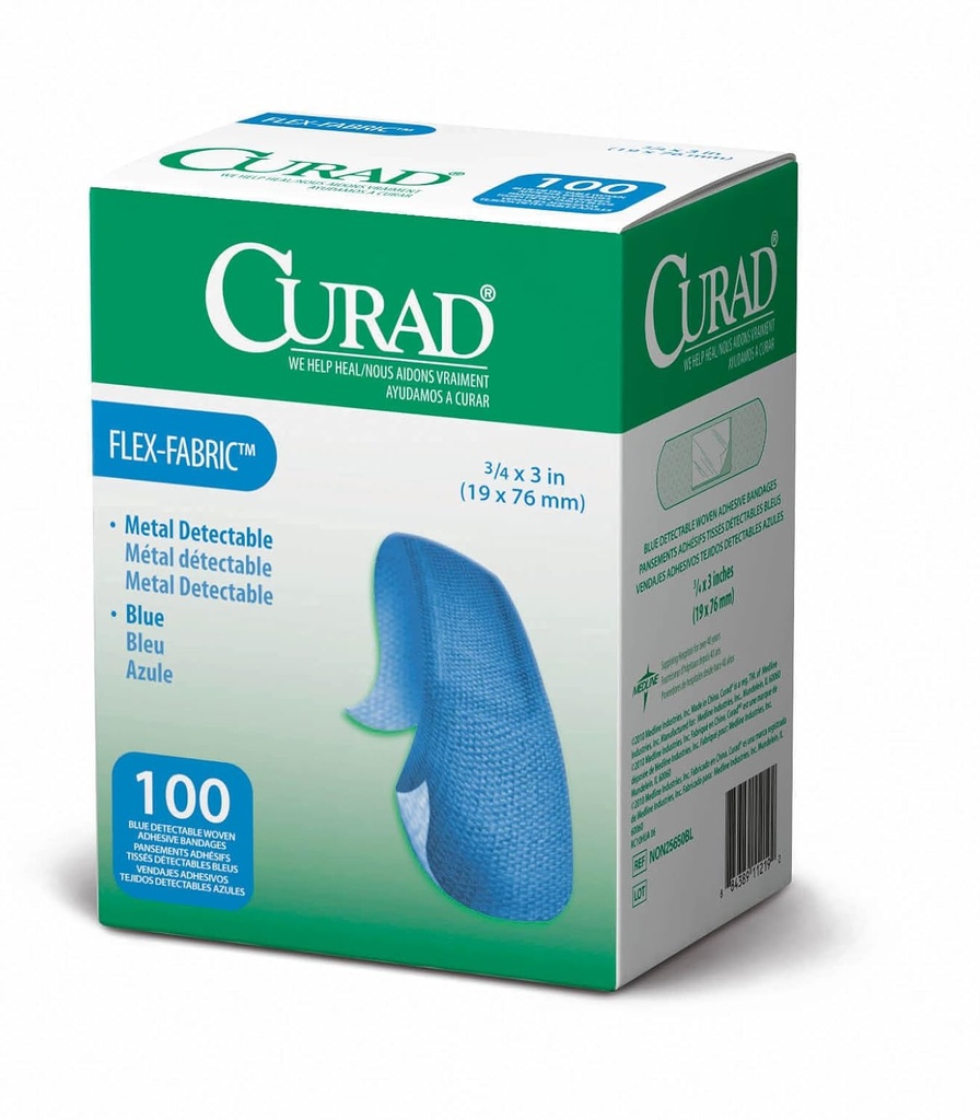 CURAD Food Service Metal Detectable Tela Azul Adhesivo Bandages 3/4" x 3", Pack de 100
