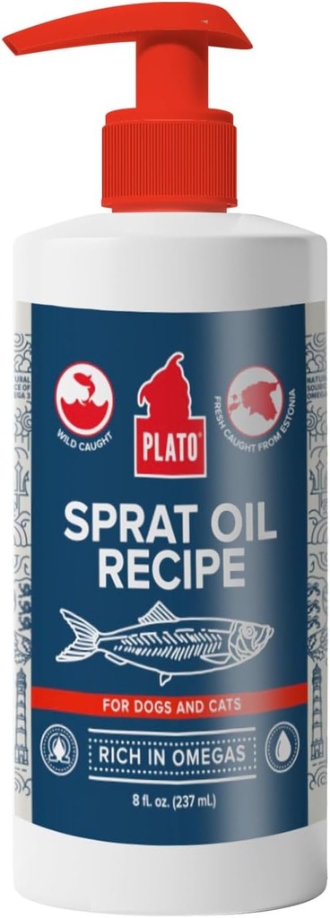 PLATO Pet Treats Fish Oil for Dogs - Omega 3 Oil for Dogs - Supports Healthy Skin and Coat - Baltic Sprat Oil Recipe 8 onzas