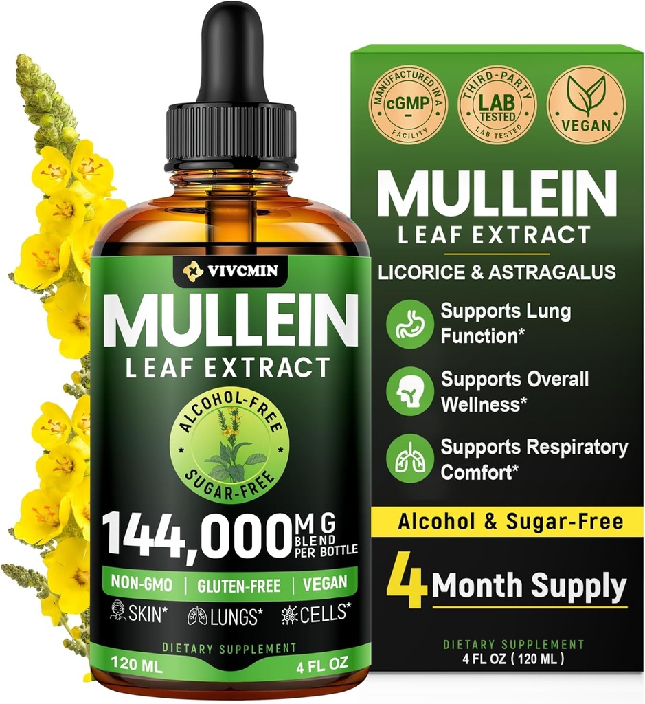 Mullein Drops for Lungs with Licorice " Astragalus, Respiratory " Immune Support, Lung Detox for Smokers Tincture, Mullein Leaf Extract for Lung Cleanse, Sugar " Alcohol-Free, 4 fl oz
