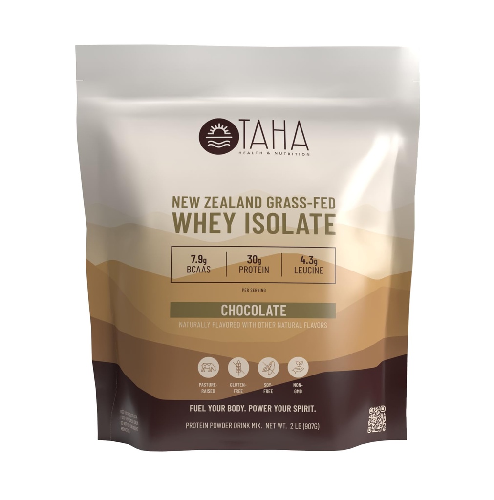 Taha Health & Nutrition Chocolate Whey Protein Isolate Powder, 30g Protein, 7.9g BCAAs, 4.3g Leucine ← Nueva Zelanda Free-Range, Grass-Fed Dairy TEN Gluten-Free, Keto, Kosher TEN 2LB, ~24 Servimientos