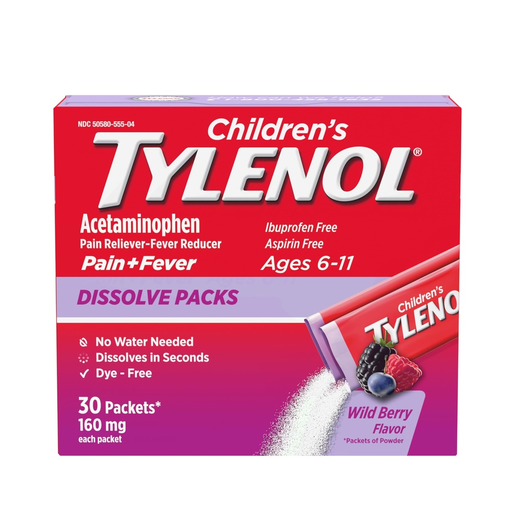 Children's Tylenol Dissolve Packs for Pain Relief, Fever Medication, 160 mg Acetaminophen, Dye Free, Kids' Powder Packets for Cold & Flu Symptom Relief; Wild Berry Flavor, 30 ct.; Pack of 1