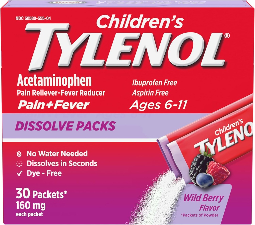Paquetes de disolver de Tylenol para Alivio del Dolor, Medicación de la fiebre, 160 mg de acetaminofén, Dye Gratis, Packets de polvo para niños para calmar los síntomas de la gripe fría; Flavor de la baya silvestre, 30 ct.; Pack de 1