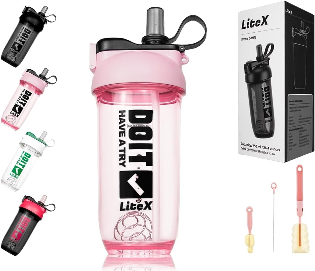 Litex Shaker Bottles for Protein Shakes, 26oz Blender Shaker Bottle for Pre-Workout,Shaker Cups with Straw, BPA-free Tritan Mixer Bottles for Protein Powder,with Cup Brush and Instructions (Pink)
