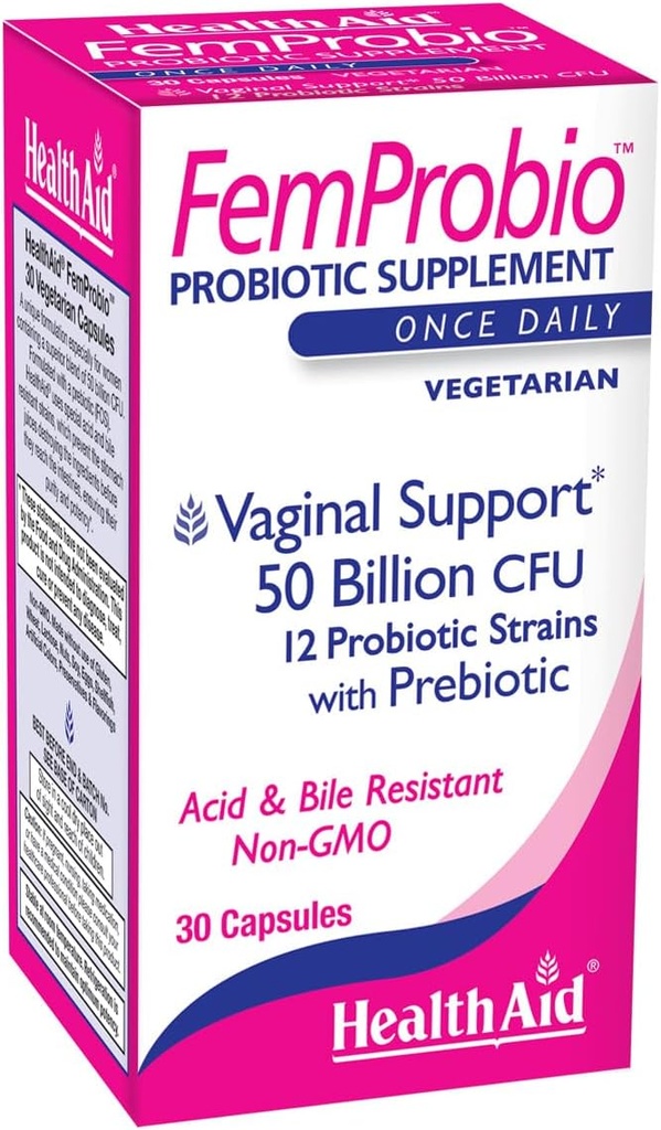 HealthAid FemProbio – Once-Daily Probiotic with Prebiotic Fiber TEN 50 Billion CFU TEN 30 Vegetarian Capsules ANTE Acid " Bile Resistant, Lactose, Gluten " GMO-Free