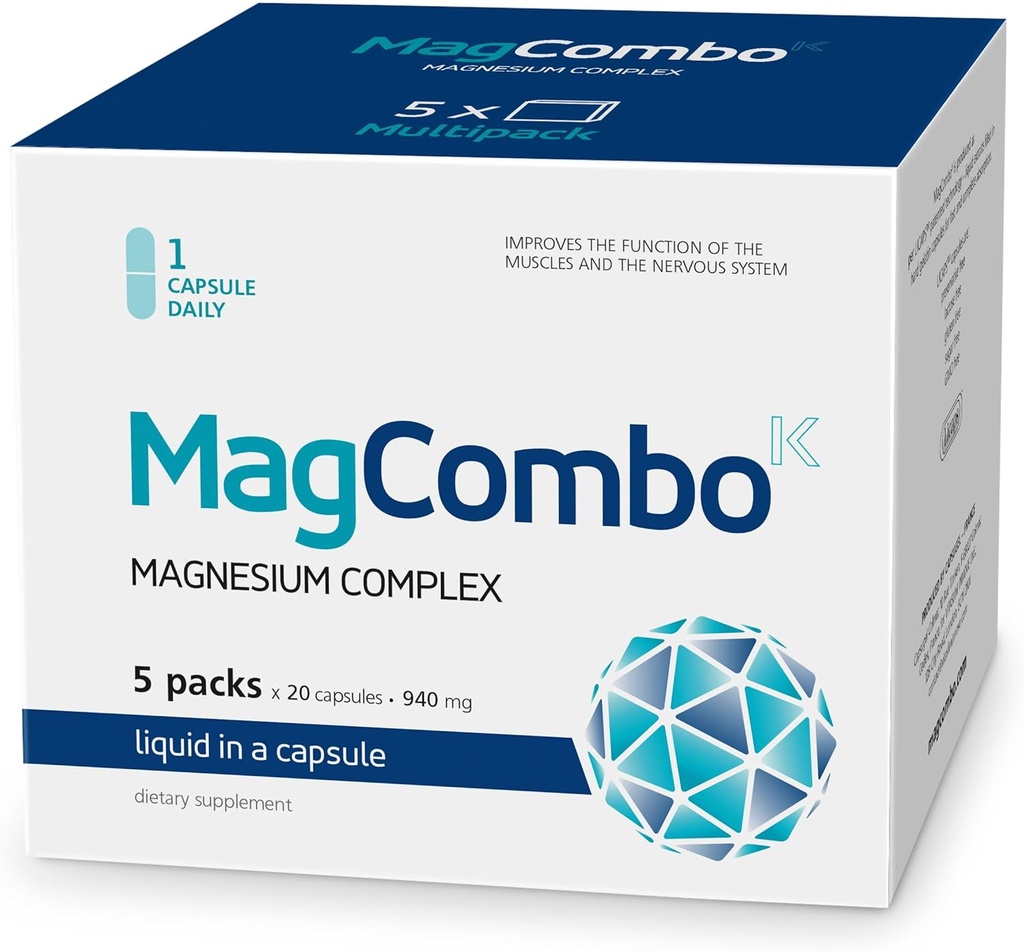 MagCombo - Magnesio concentrado, Fórmula especial de aceite para absorción máxima, enriquecido con vitaminas В2, В6, В12 y С, sólo 1 cápsula diaria.