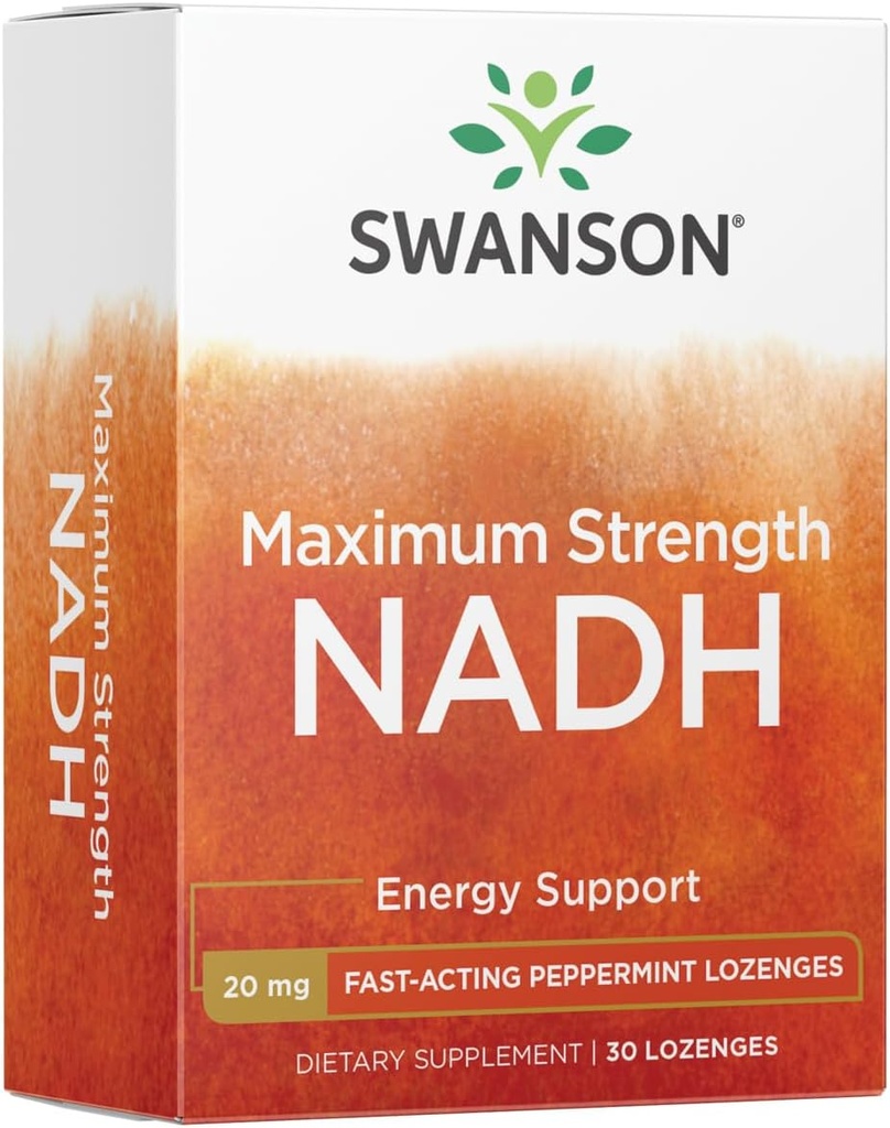 Swanson Maximum Strength NADH - Fast-Acting Peppermint Lozenges to Promote Brain Health and Energy Support - Vitamina B3 Coenzyme to Help Fight Fatigue - (30 Tablets, 20mg Cada) 1 Pack