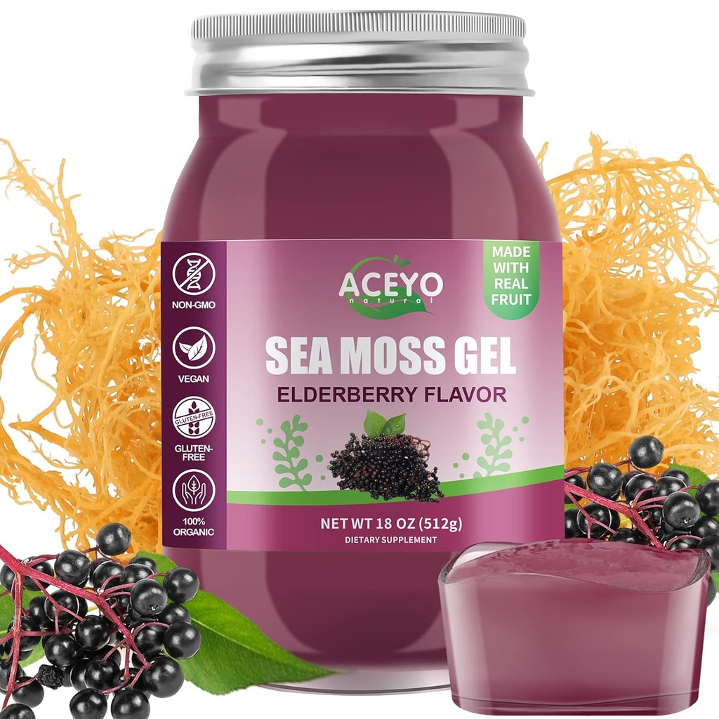 ACEYO (18 OZ) Elderberry Sea Moss Gel Organic Raw Vegan Flavor 102 Vitaminas y Minerales Wild Harvested Non-GMO Immune Defense Booster Thyroid Digestive Support