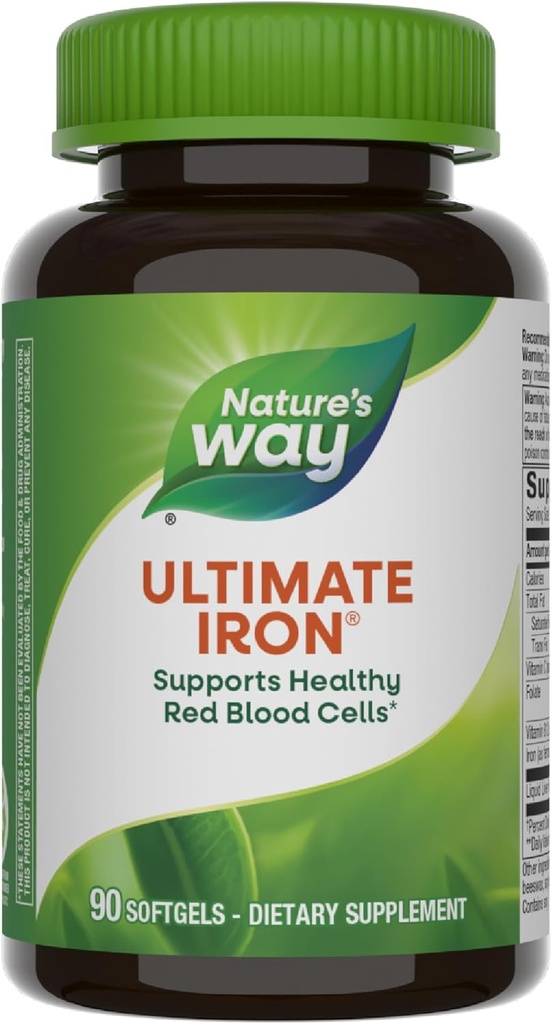 Nature’s Way Ultimate Iron, Supports Healthy Red Blood Cells,* Supports Cellular Energy Production*, 50 mg per 2-Softgel Serving, Gluten-Free, 90 Softgels (Packaging May Vary)