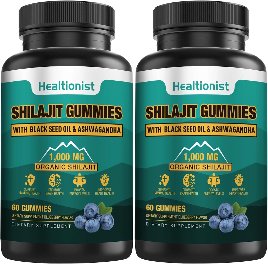 2 Packs 1000 MG Shilajit Supplement Gummies with 85+ Trace Minerals, Fulvic Acid, Pure Organic Shilajit Himalayan Gummy for Men &amp; Women, Energy, Brain, Immunity Suport - 120 Counts