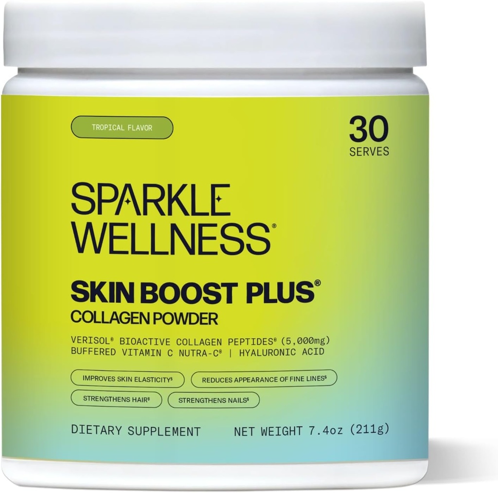 Sparkle Wellness VERISOL Bioactive Hydrolyzed Collagen Peptides  Collagen Powder Suplemento con Vitamina C ' Hyaluronic Acid for Hair, Skin y Nail Health ← Skin Boost Plus (Tropical) [30-Serves]