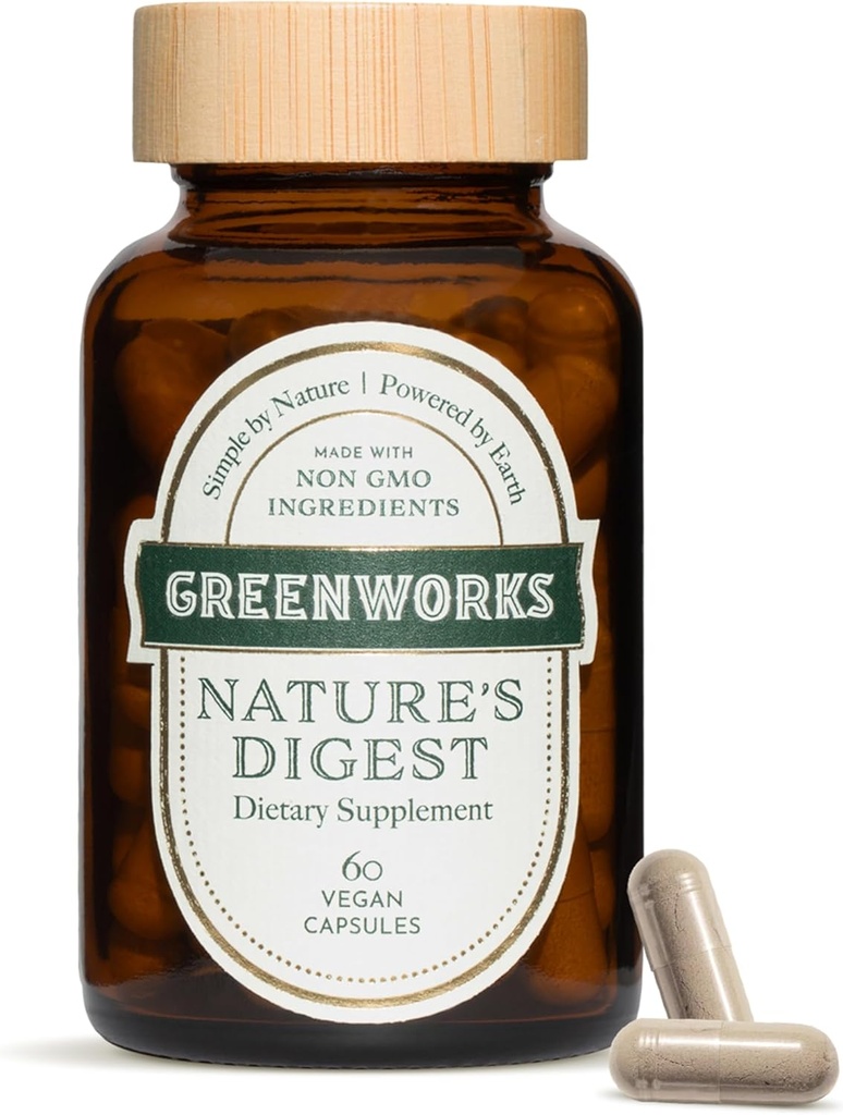 Greenworks Natural Digest Probiotics with Organic Digestive Enzymes, Prebiotics & Fiber - 10 Billion CFU, 3 Strains - Gut Health Supplement, 60 Capsules