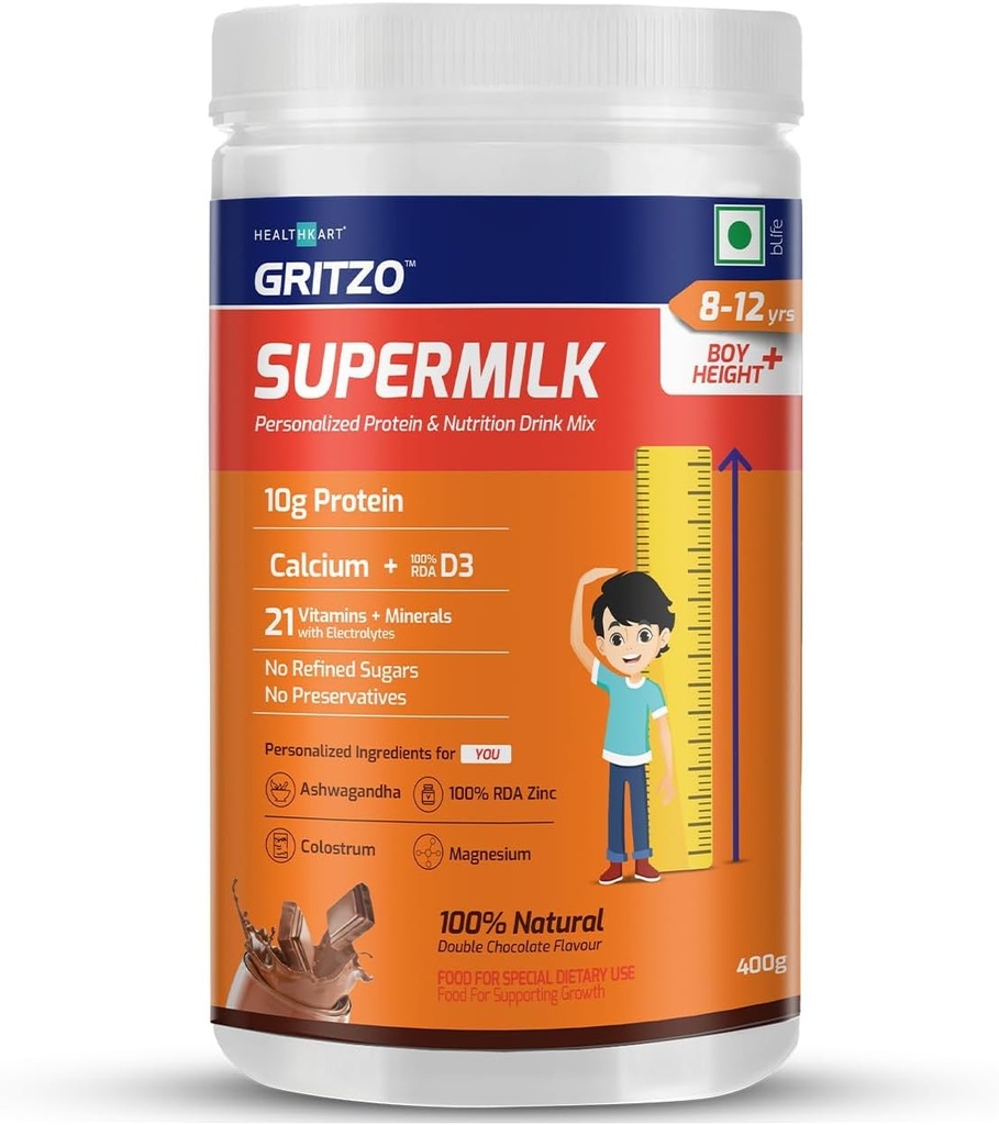 ATS Supermilk Height+ for 8-12Y Boys,Personalized Health Drink for Kids,High Protein (10 G) with Calcium + D3,21 Vitamins&Minerals,Zero Refined Sugar,100% Natural Double Chocolate,400 G,Powder