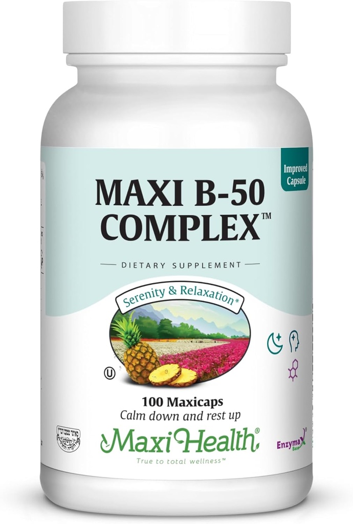Complejo Maxi Health Vitamina B – High Potency B Complex Vitaminas B-50 con B1, B2, B3, B6, B12, Biotin & Folate – Soporte Celular Energy & Mental Clarity – Kosher – 100 cápsulas