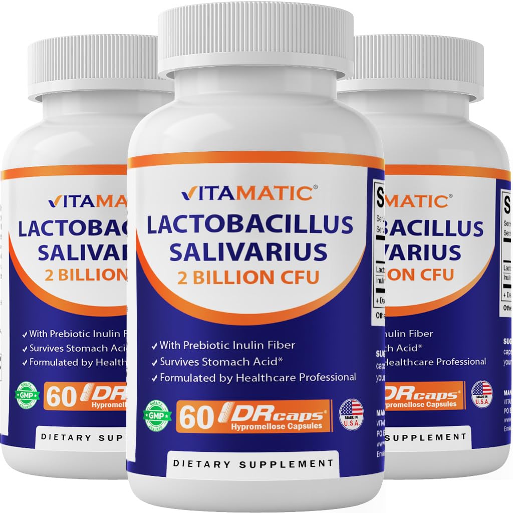 Vitamatic Lactobacillus Salivarius 2 Billón por cápsula DR - 60 Cuenta - Apoyo Digestivo - Hecho con fibra prebiótica de inulina (3 Botellas)