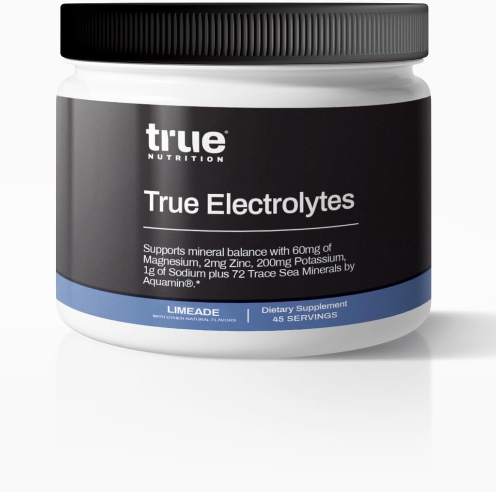 True Electrolyte Hydration Supplement Drink Mix (Limeade) | Supports Healthy Mineral Balance w/Zinc, Potassium, Magnesium, Sodium, Aquamin® 72 Trace Sea Minerals | 5 Cal. 0g Sugar. 45 Servings.