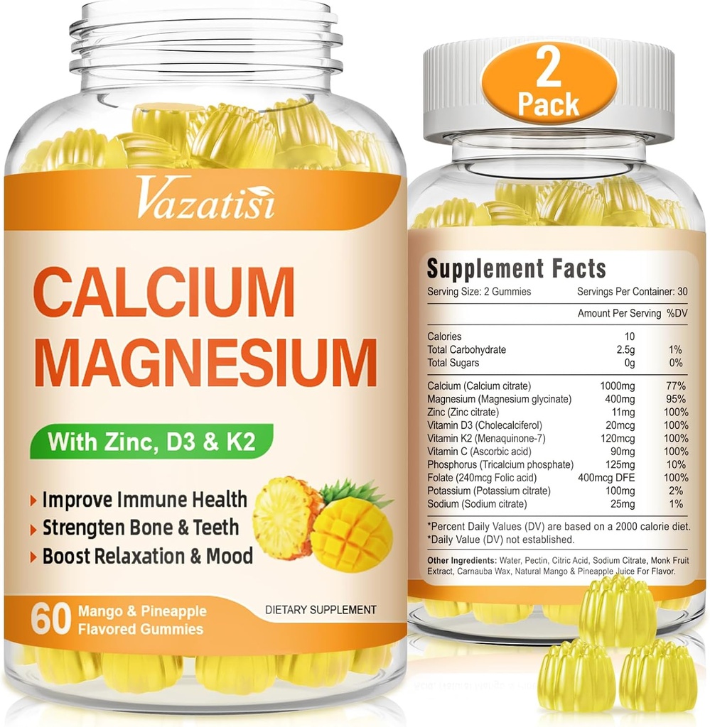 Calcio Magnesio Zinc Gummies con vitamina D3 y K2, Gran Absorción Magnesio Glycinate Potasio para Immune y Calm Mood, Vegan Mango y Pineapple Flavor 120 Gummies