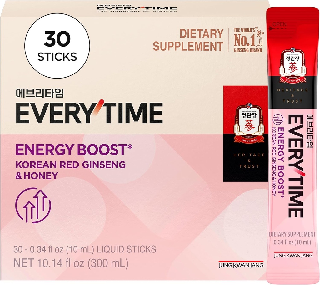 JUNG KWAN JANG Everytime Energy Boost Korean Red Ginseng Extract Stick 1000mg &amp; Honey - Vegan Ginseng Energy Drink Liquid Stick Supplements - Builds Stamina & Immunity No Caffeine (30 Sticks)