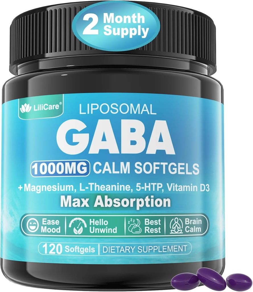 Suplemento GABA - 1000 mg Liposomal Form for Optimal Absorption,GABA with L-Theanine, Magnesium Glycinate, 5HTP, Vitamina D3 for Brain Calm, Mood, Zzz Better - Melatonin-Free 120 Softgels.