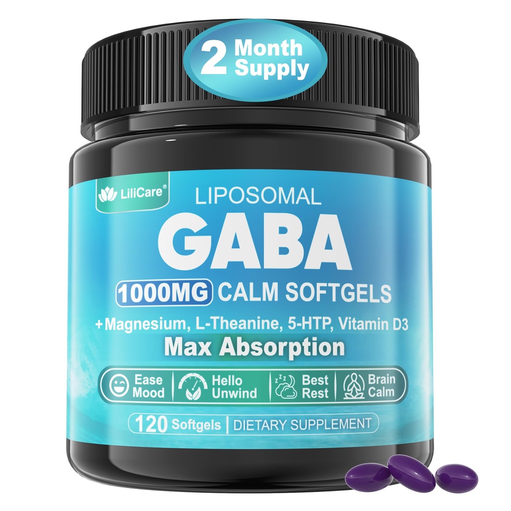 Suplemento GABA - 1000 mg Liposomal Form for Optimal Absorption,GABA with L-Theanine, Magnesium Glycinate, 5HTP, Vitamina D3 for Brain Calm, Mood, Zzz Better - Melatonin-Free 120 Softgels.