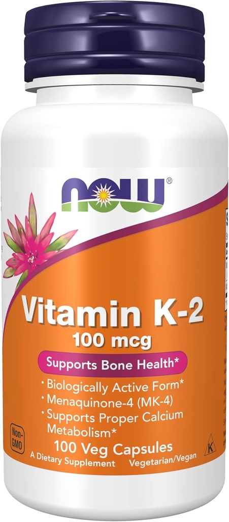 AHORA Suplementos de alimentos, vitamina K-2 100 mcg, Menaquinone-4 (MK-4), soporta la salud ósea*, 100 cápsulas de verduras