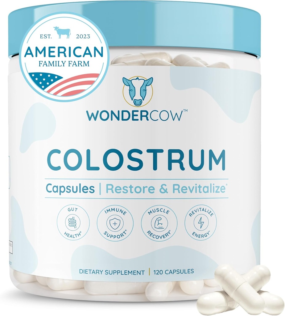 WONDERCOW Colostrum Capsules Suplemento para Gut Health, Immune Support, Muscle Recovery & Wellness ← Natural IgG Puro Bovine Colostrum Superfood, Unflavored, 30 Servimientos