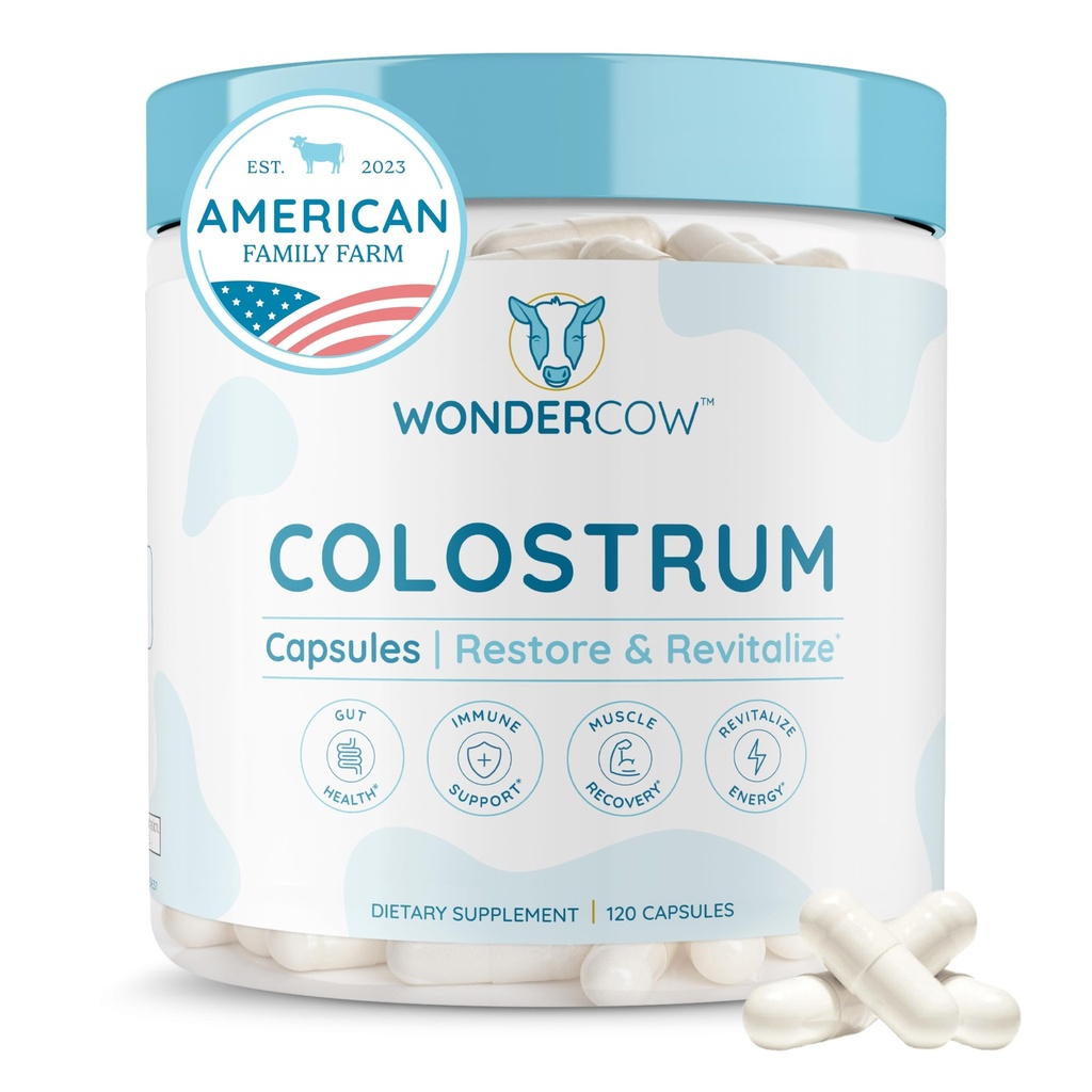 WONDERCOW Colostrum Capsules Suplemento para Gut Health, Immune Support, Muscle Recovery & Wellness ← Natural IgG Puro Bovine Colostrum Superfood, Unflavored, 30 Servimientos