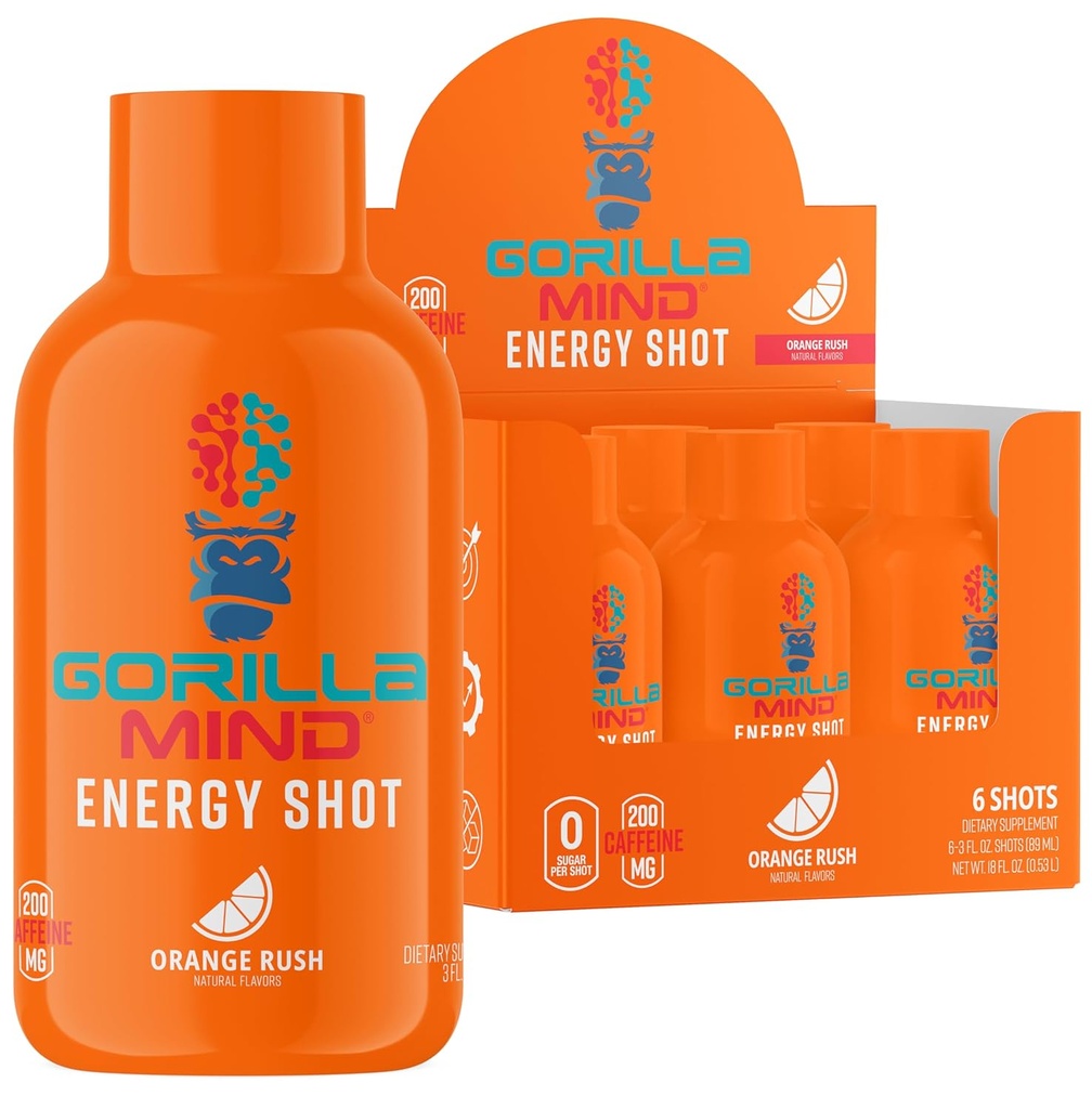 Zapatos de energía del modo gorila (6-Pack) - Zapatos de energía para el enfoque mejorado " Energía, libre de azúcar, acción rápida, fórmula de patentes con vitaminas " extractos naturales (Orange Rush)