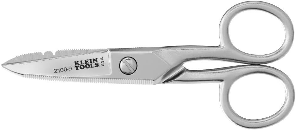 Klein Herramientas 2100-9 Tijeras electricistas de acero inoxidable, fabricadas en EE.UU., 5,25 pulgadas de tiradas de manos libres, muescas de destripamiento, cuchilla no rota